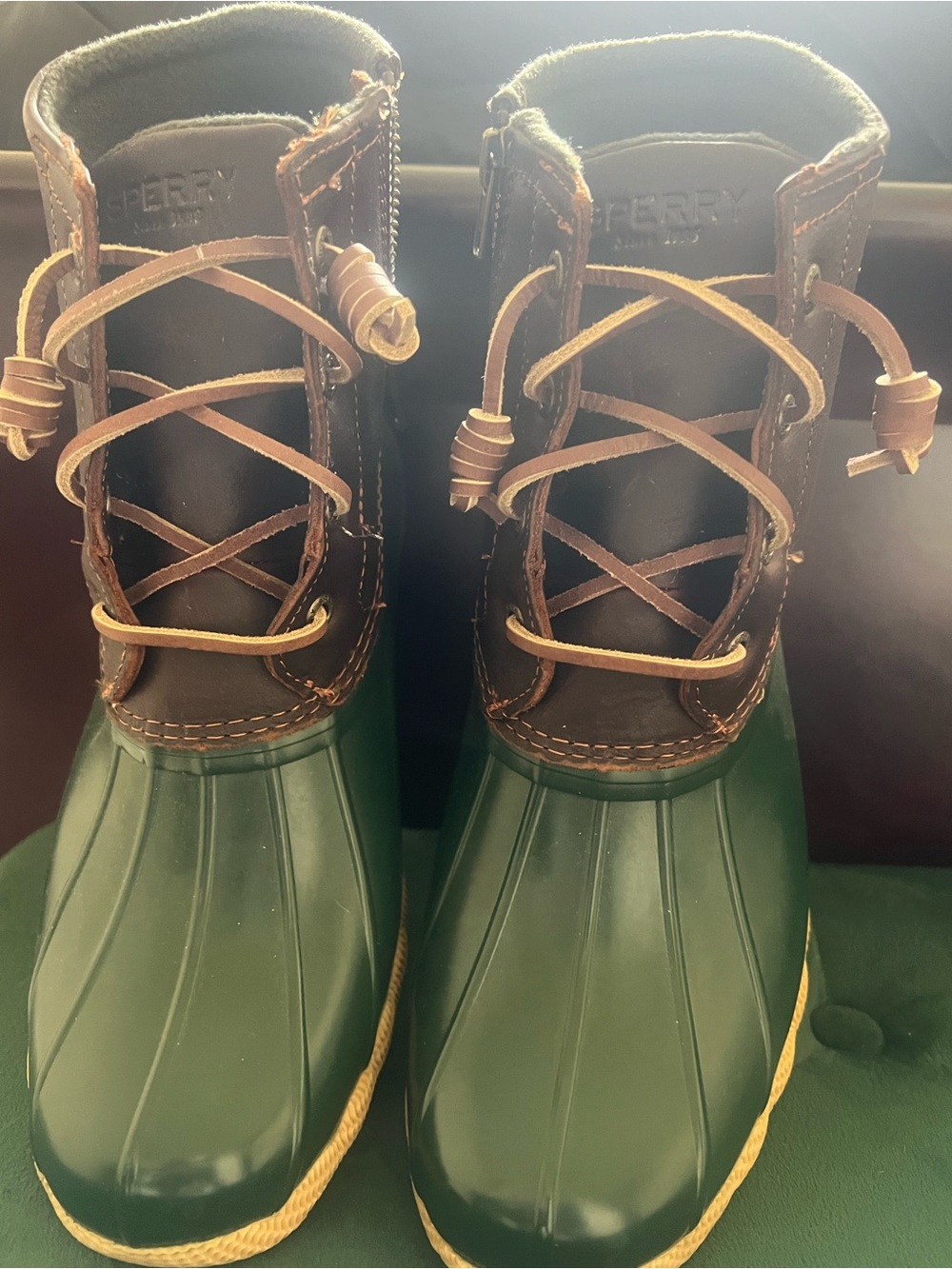 Sperry Dark Green and Brown Leather Duck Boots